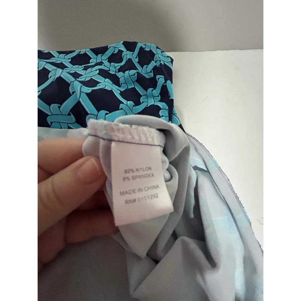 Lulu-B Navy Turquoise Geometric Link Print Sleeveless V-Neck Top Medium - Picture 2 of 5